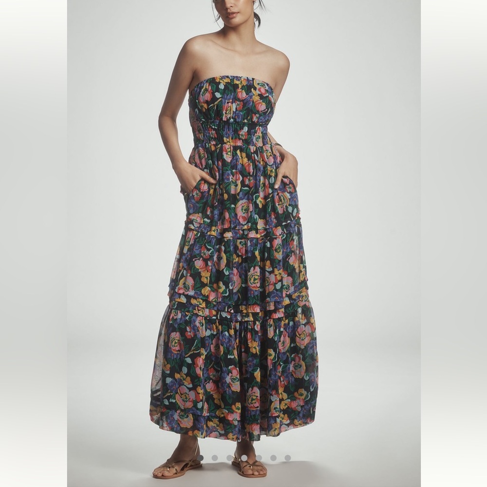 Anthropologie Strapless Floral Maxi Dress in Black with Multicolor Flowers
